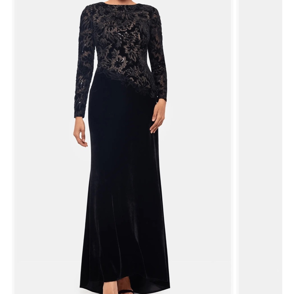 Betsy & Adam Sequin & Velvet Long Sleeve Gown